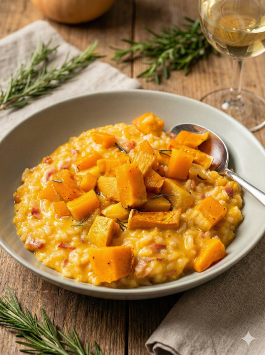 Cremiges Butternut-Kürbis-Risotto mit Speck & Rosmarin