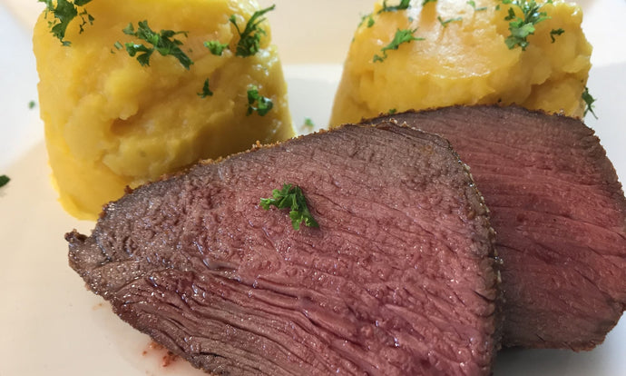Kürbis Kartoffel Püree mit Rinderhüfte