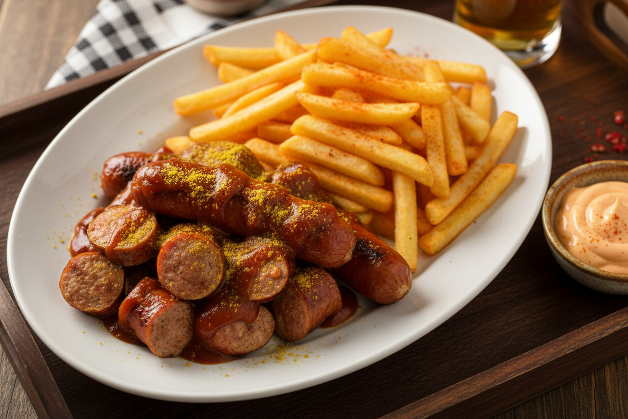 Currywurst Pommes (mit Paprikapulver) und gewürzter Paprika majonaise