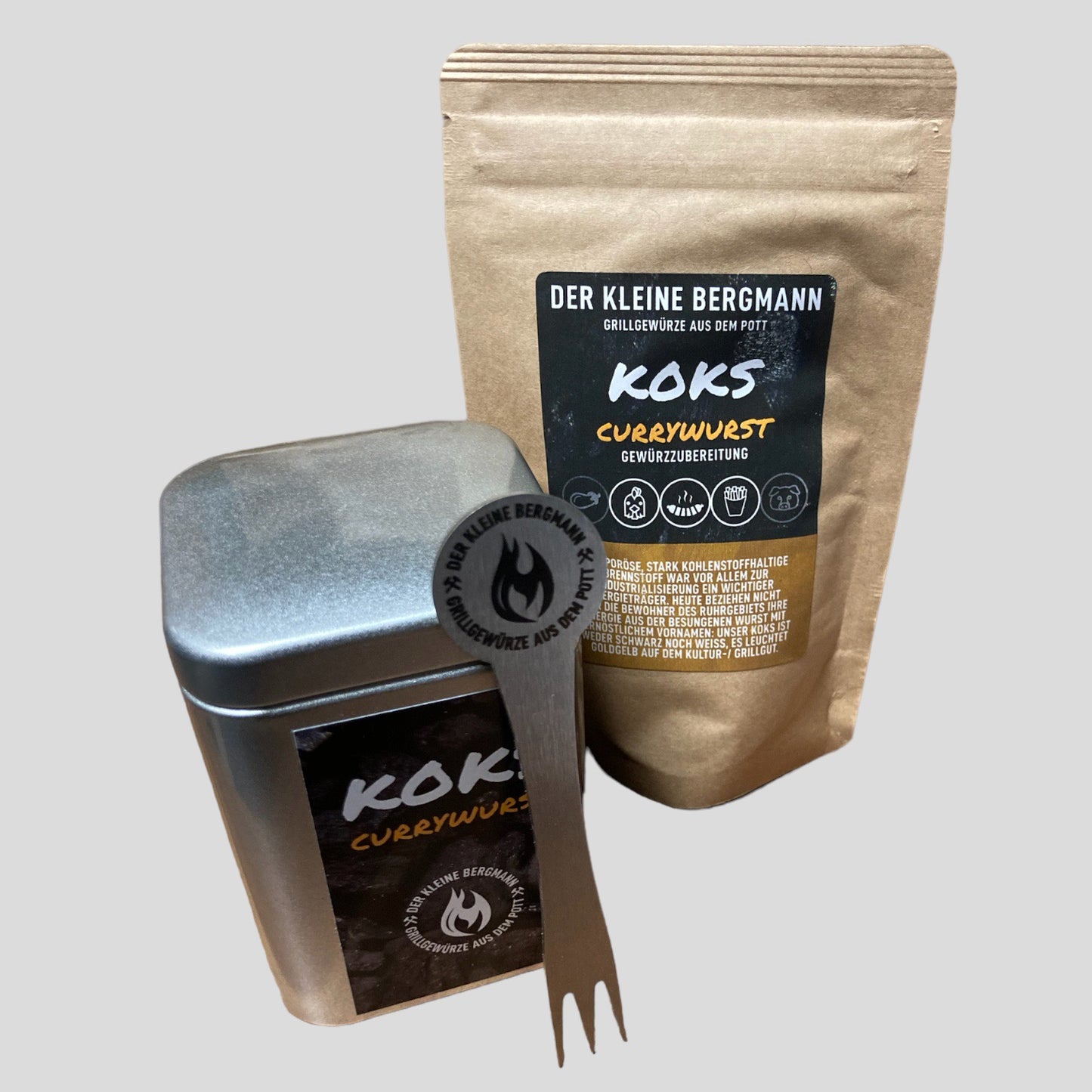 Koks Set - Currywurst Gewürz, Streuer und Pommesgabel im Set